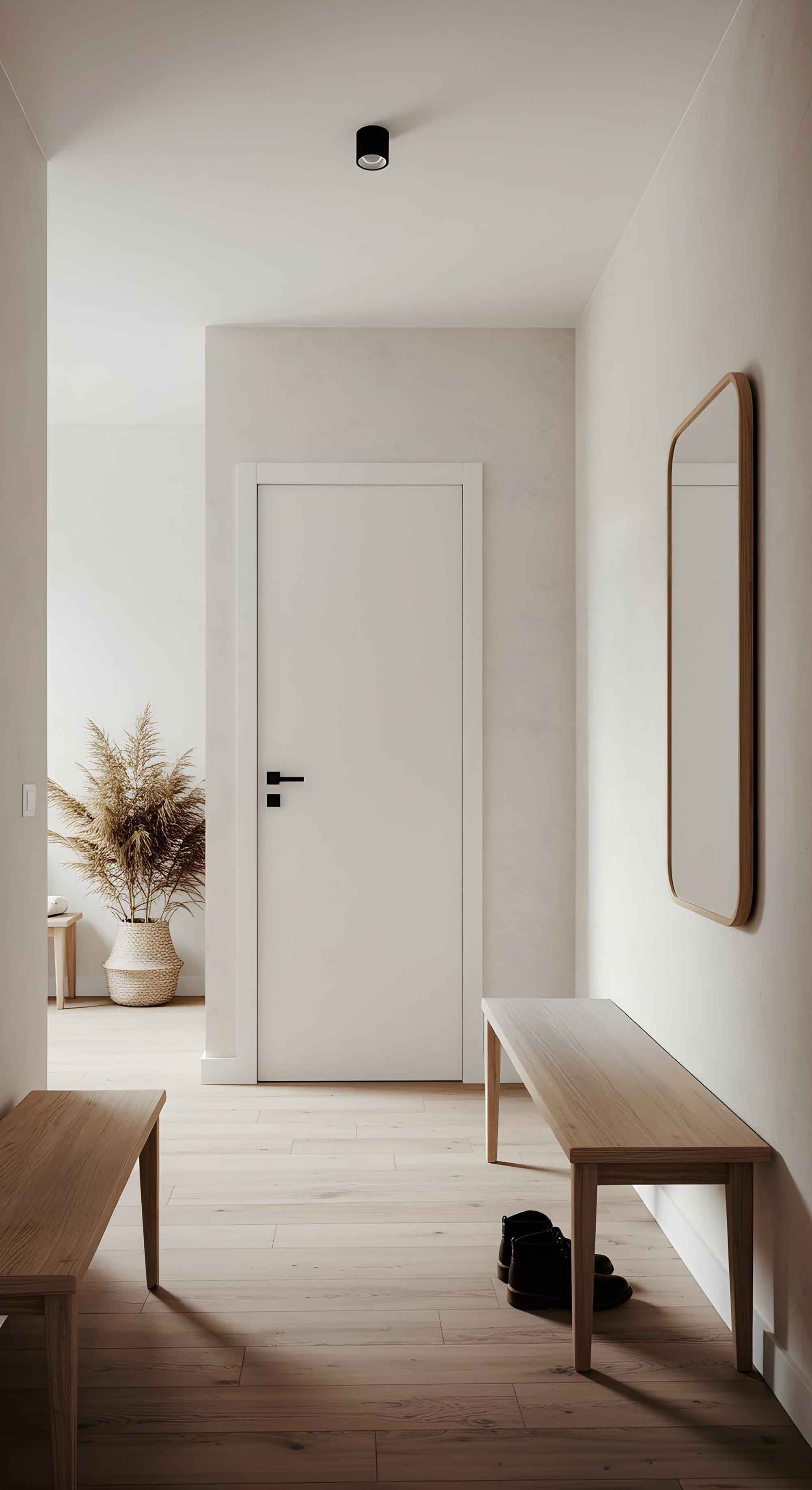 Interior minimalista del pasillo con banco de madera y espejo en san-pedro-alcantara